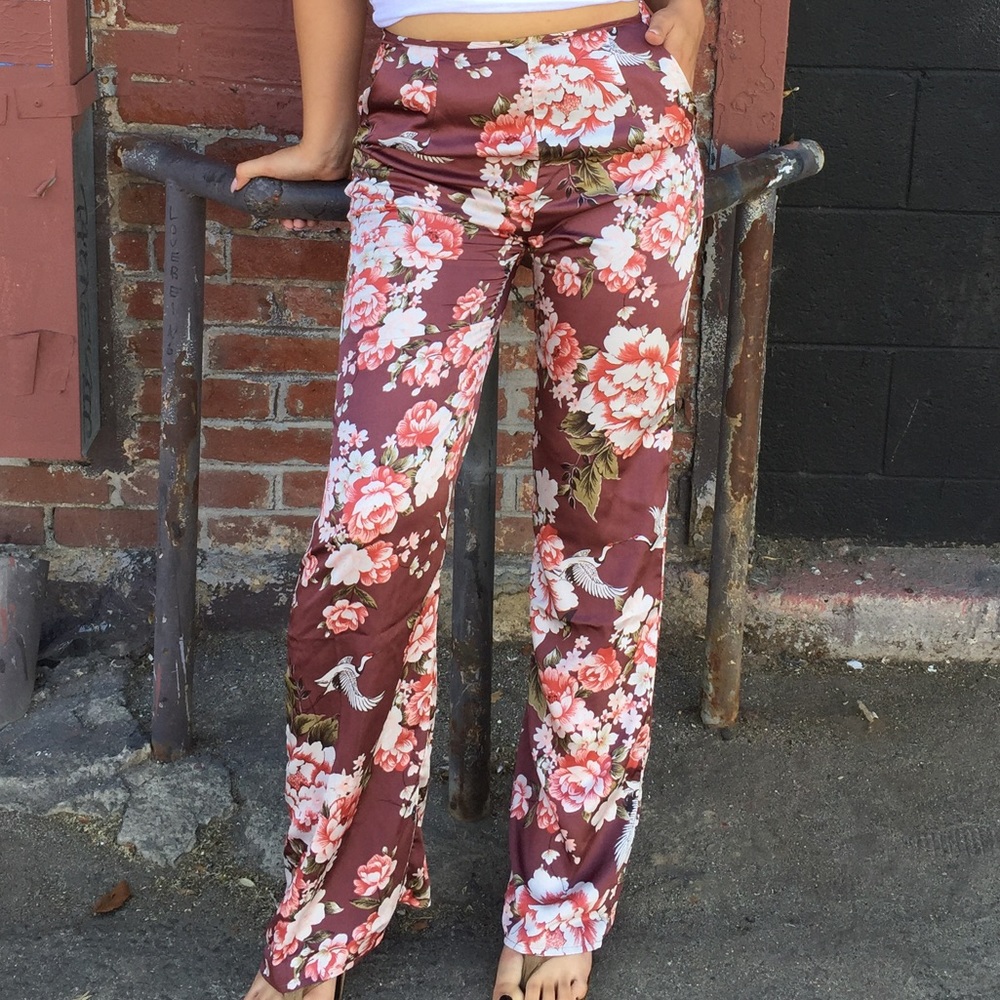 Satin pants with floral detail